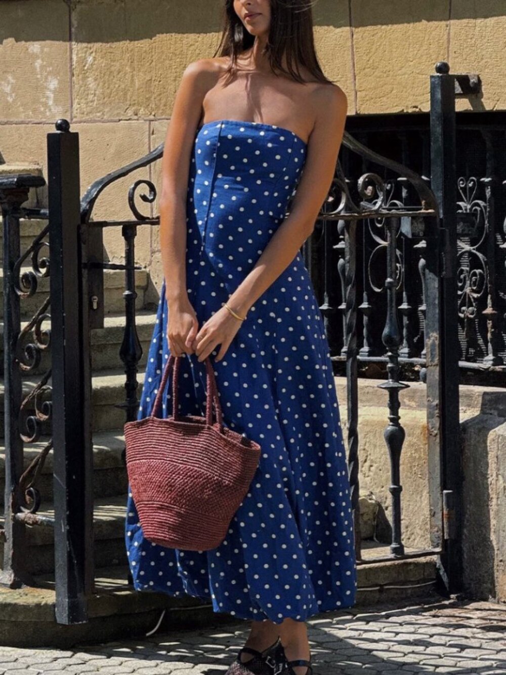 Kivari Blue Polka Dot Strapless Maxi Dress